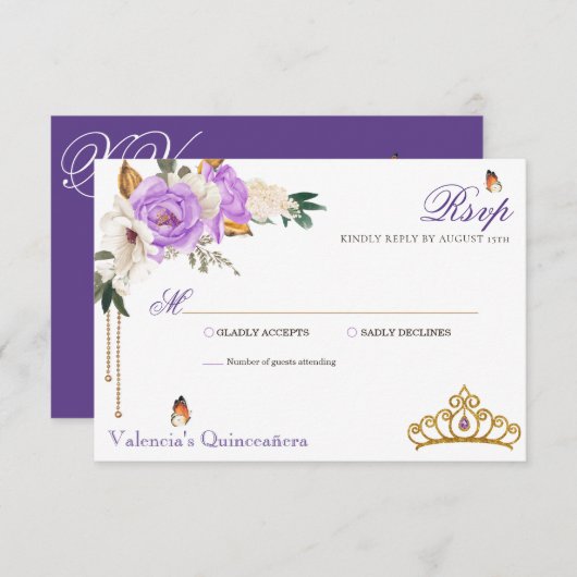 Lavender Rozen Royal Paars Gold Tiara Quinceanera RSVP Kaartje (Voorkant / Achterkant)