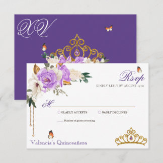 Lavender Rozen Royal Paars Gold Tiara Quinceanera RSVP Kaartje