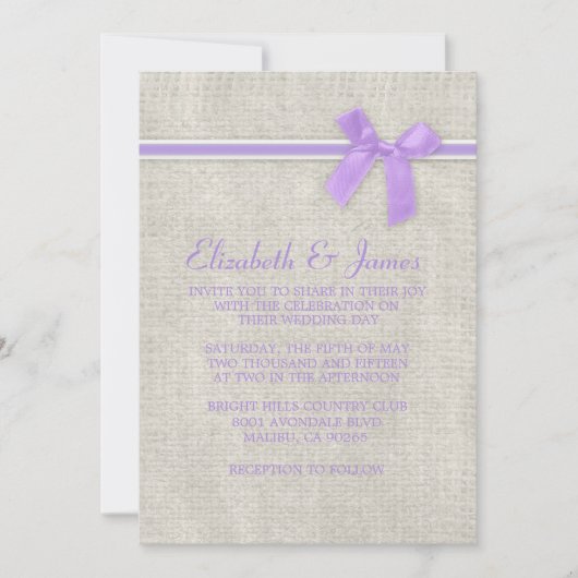 Lavender Rustic Burlap Invitations de mariage (Devant)