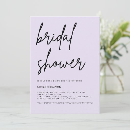 Lavender Script Modern Bridal Shower Invitation  (Debout devant)