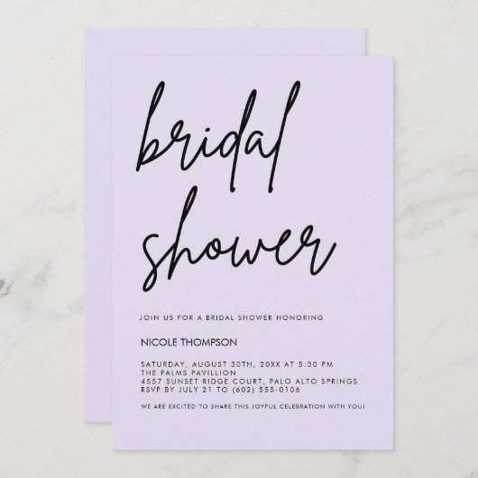 Lavender Script Modern Bridal Shower Invitation  (Devant / Derrière)