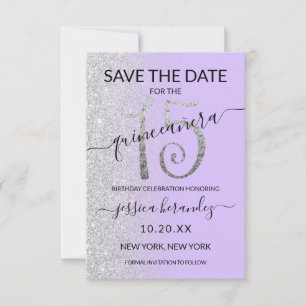 Lavender Silver Glitter Quinceañera Save the Date