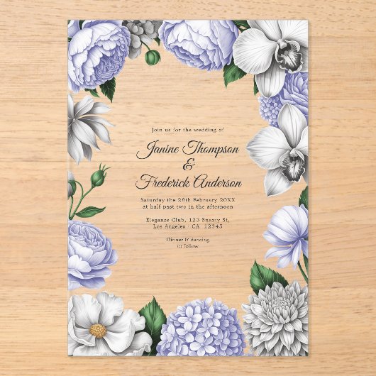 Lavender & Silver Modern Botanical Wedding Acryl Uitnodigingen (Voorkant)