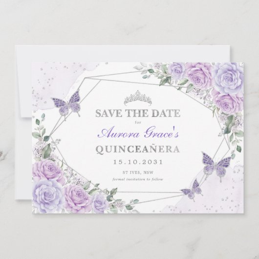 Lavender Silver Rozen Quinceanera Save the Date Aankondiging (Voorkant)