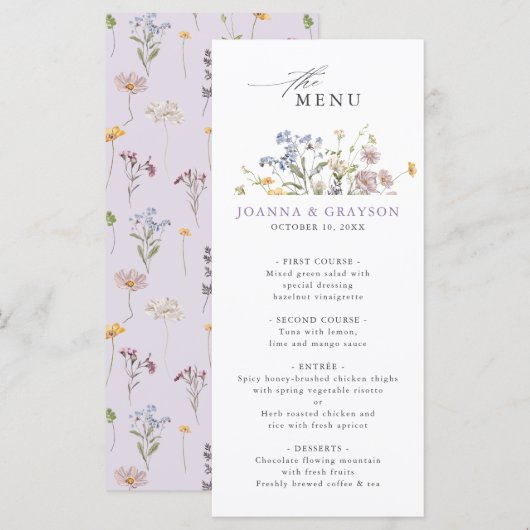 Lavender Spring Wildflower Meadow Garden Wedding Menu (Voorkant / Achterkant)
