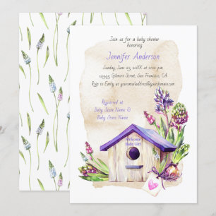 Lavender Stems Paars Birdhouse Baby shower Kaart