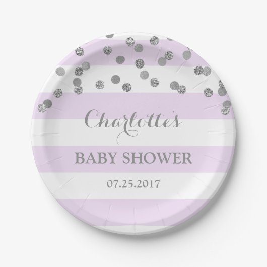 Lavender Stripes Silver Confetti Baby shower Bord (Voorkant)