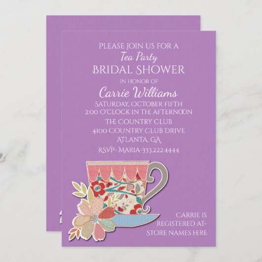 Lavender Tea Cup Bridal Shower Kaart (Voorkant / Achterkant)