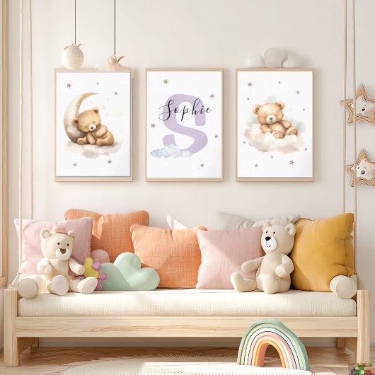 Lavender Teddy Bear Nursery Wall Art Custom Name