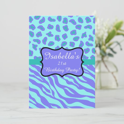 Lavender Turquoise Zebra Leopard Skin Quinceañera Kaart (Staand voorkant)