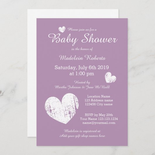 Lavender violet bébé invitation pour fille (Devant / Derrière)