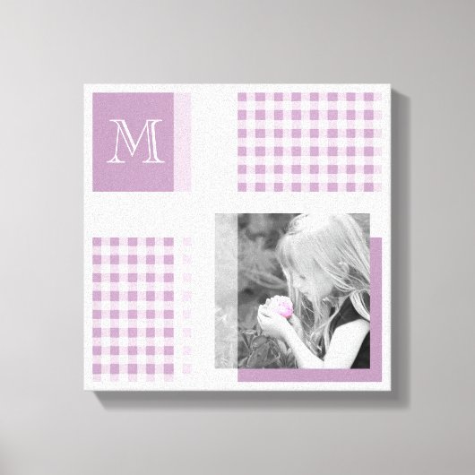 Lavender Voeg je foto Gingham Modern Monogram toe Canvas Afdruk (Voorkant)