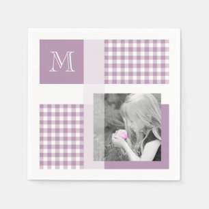 Lavender Voeg je foto Gingham Modern Monogram toe Servet