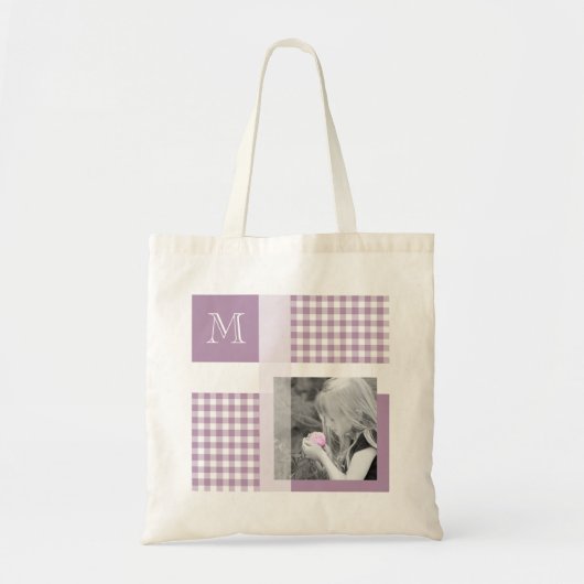 Lavender Voeg je foto Gingham Modern Monogram toe Tote Bag (Voorkant)