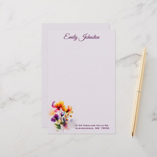 Lavender Waterverf Flowers Custom Stationery Briefpapier (Voorkant / Achterkant in situ)