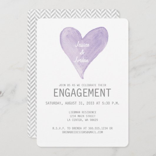 Lavender Waterverf Heart Verloving Uitnodiging (Voorkant / Achterkant)