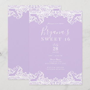 Lavender & White Lace Elegant Sweet 16 Party Kaart