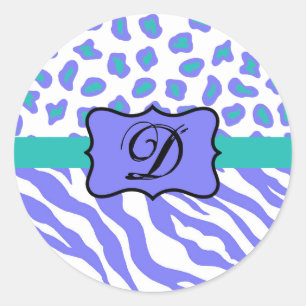 Lavender White Zebra Leopard Skin Monogram Initiaa Ronde Sticker