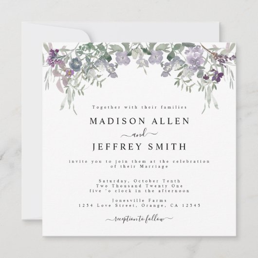 Lavender Wildflower & Greenery Wedding Invitation Aankondiging (Voorkant)