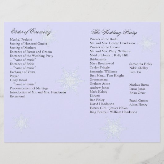 Lavender Winter Snowflake Wedding Programme (Dos)