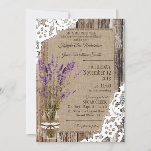 Lavender Wood Lace Rustic Wedding Kaart (Voorkant)
