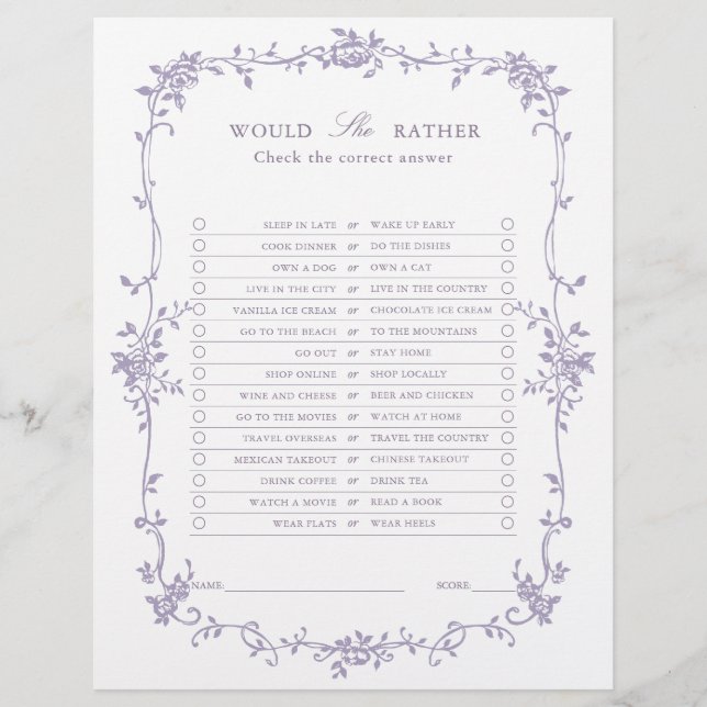 Lavender 'Would She Rather' Bridal Shower Game (Voorkant)