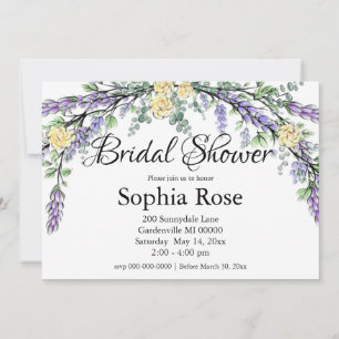 Lavender Yellow Rose en Eucalyptus Invitation Kaart