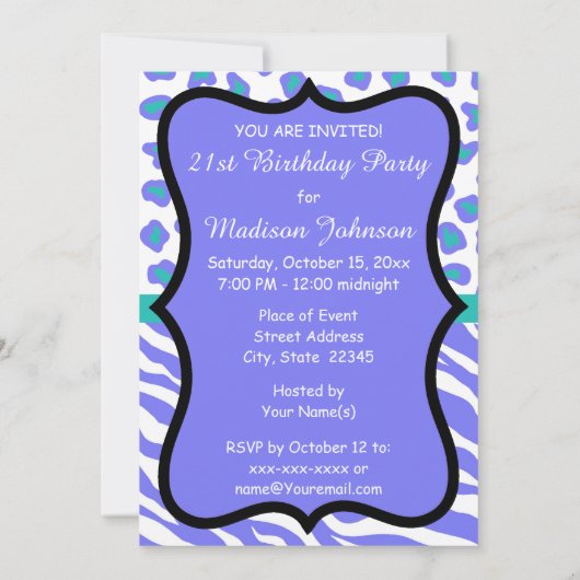 Lavender Zebra Leopard Invitation 21e Anniversaire (Dos)