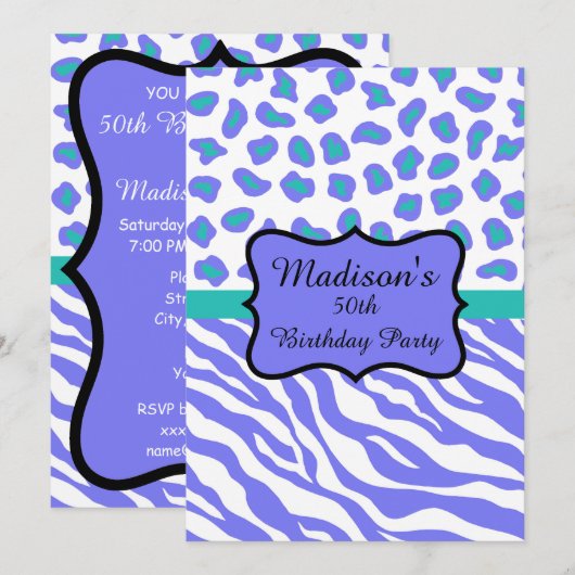 Lavender Zebra Leopard Invitation 50e anniversaire (Devant / Derrière)