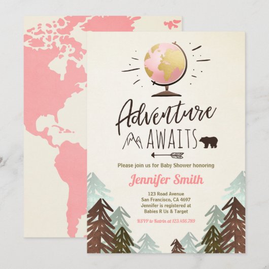 L'aventure attend Baby shower invitation Vintage G (Devant / Derrière)