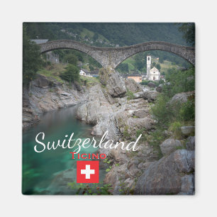 Lavertezzo-brug met vlag, Zwitserland Magneet