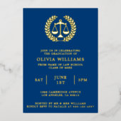 Law School Schalen van Justitie Navy Gold Afstudee Folie Uitnodiging (Voorkant)