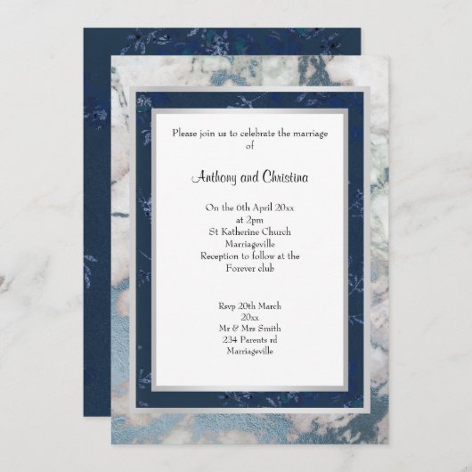 LAYER NAVY BLUE SILVER MARBLE WEDING KAART (Voorkant / Achterkant)