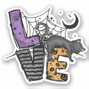 Lazy Black Cat in Spider Web met Love Sticker