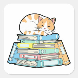 Lazy Cat on Books – Cute Cozy Illustration Vierkante Sticker