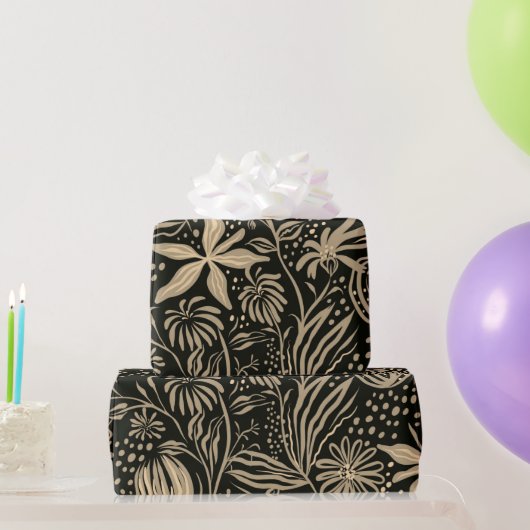 Lazy Floral Pattern in Gold op Black Cadeaupapier (Feestgeschenken)