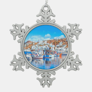 ldp MYKONOS - vissersboten - haven - panorama Tin Sneeuwvlok Ornament
