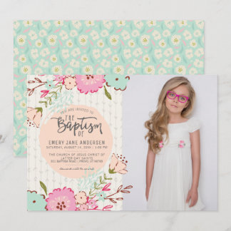 LDS BAPTISM FOTO-INVITATIE | Elegant Floral Girl Kaart