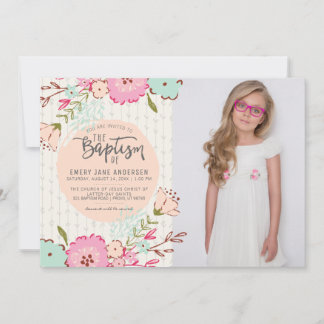 LDS BAPTISM FOTO INVITE | Elegant Floral Girl Kaart