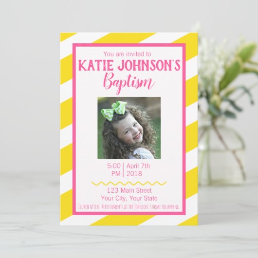 LDS Baptism Invitation FILLE - Jaune et rose (Debout devant)