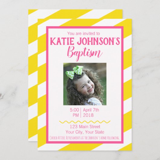 LDS Baptism Invitation FILLE - Jaune et rose (Devant / Derrière)