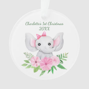 Le 1er Noël de bébé Éléphant rose floral vert