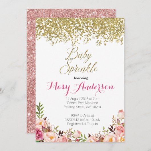 Le bébé floral d'or rose arrosent des invitations (Devant / Derrière)