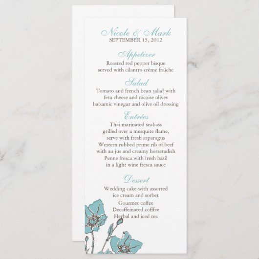 Le bleu fleurit des cartes de menu (Devant / Derrière)