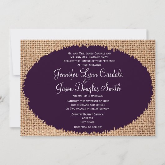Le Burlap Rustique Des invitations au mariage viol (Devant)