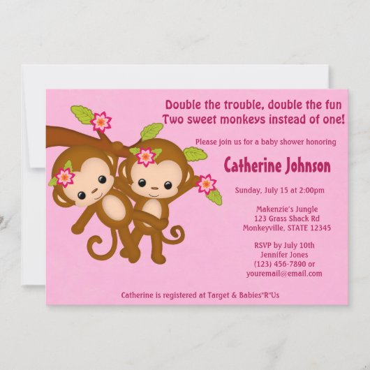 Le JUMEAU Monkeys les invitations MM2 ROSE de baby (Devant)