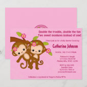 Le JUMEAU Monkeys les invitations MM2 ROSE de baby (Devant / Derrière)