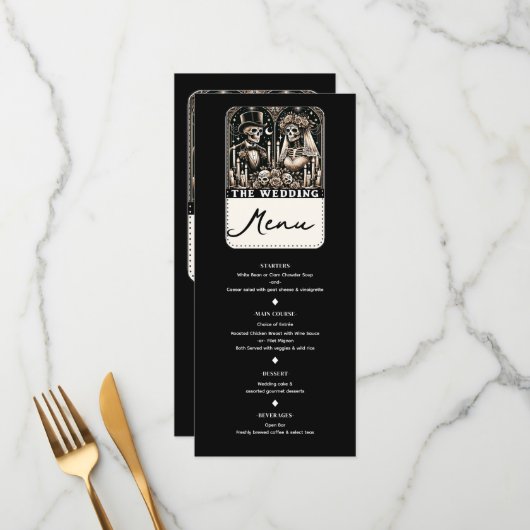 LE MARIAGE Tarot Squelettes Mariée & Marié Menu (Devant/Arrière en situation)