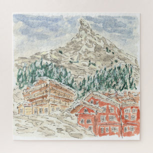 Le Matterhorn Swiss Alps Watercolor Jigsaw Puzzle 