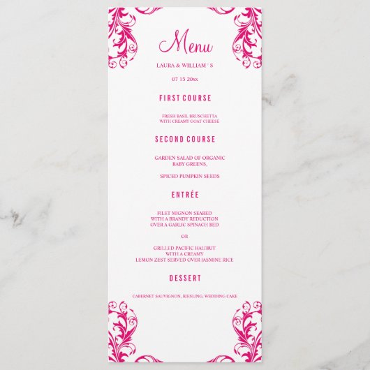 Le menu de dîner de mariage carde la damassé (Devant)